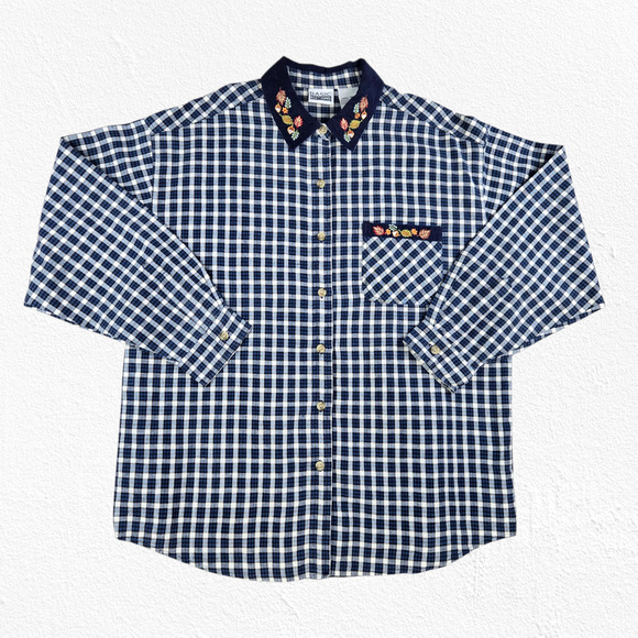 Y2K Basic Editions Fall Embroidery Gingham Shirt Navy Plaid Button Up Size Large - Picture 1 of 8